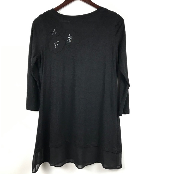 LOGO Slub Knit Embellished Chiffon Trim Tunic Women’s Size XS Black - Picture 4 of 9